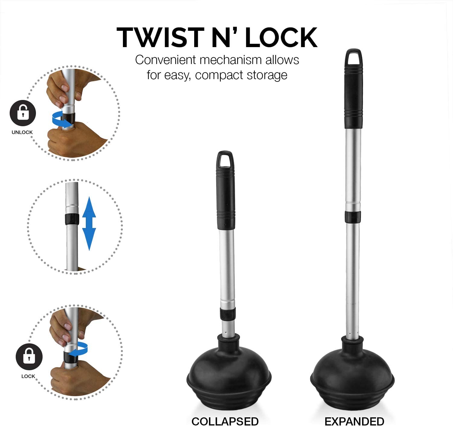 Toilet Plunger Set Bonus Mini Sink & Drain Plunger, Toilet Bowl Brush & Caddy (4-Piece)