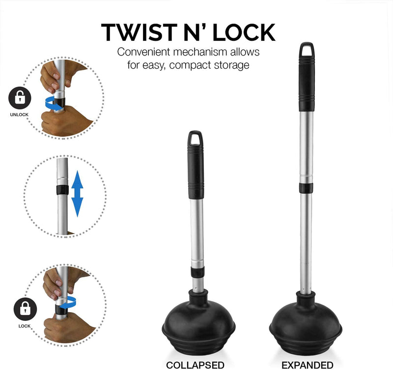 NEIKO 60169A Toilet Plunger | 2 Piece | Bonus Mini-sink and Drain Plunger | Compact | Patented All-Angle Design | Telescopic Aluminum Handle