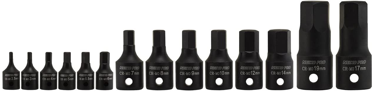 Allen-Bit Socket Set, Metric Socket Set, 2.5 mm to 19 mm, 1/4", 3/8", & 1/2" Drive, CrMo Steel (14-Piece)