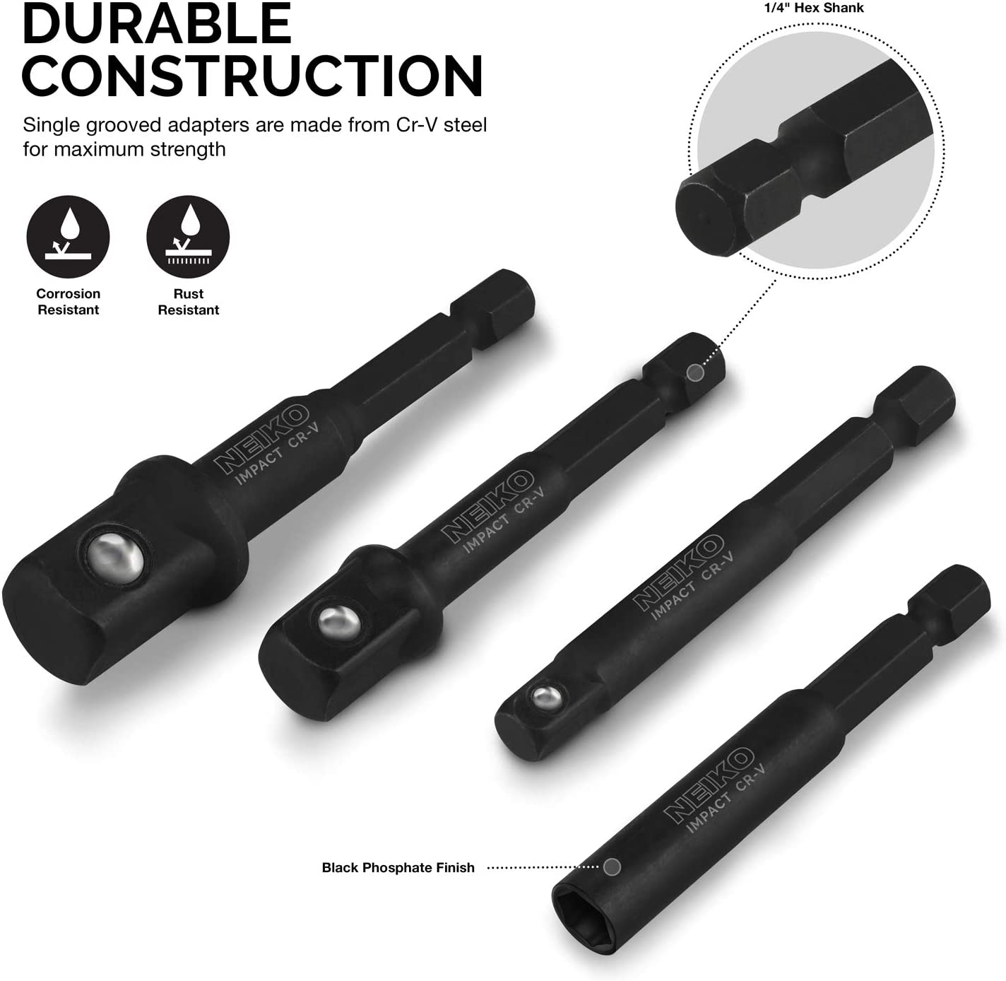 Impact Socket Adapter & Magnetic Bit Holder Set 1/4" Hex Shank with 1/4, 3/8, 1/2" Drives (4-Piece)