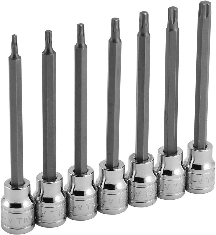 3/8" Drive Extra-Long Torx Star Bit Socket Set — T10–T40, 4-3/8" Length, S2 & CrV (7-Piece)
