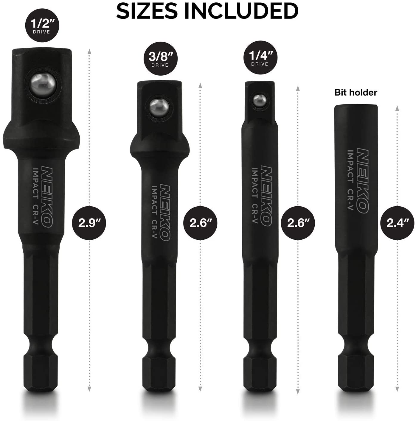 NEIKO 00244A Impact Socket Adapter and Magnetic Bit Holder Set | 4-Piece Set | 1/4-Inch Hex Shank with 1/4, 3/8, 1/2-Inch Drives | CR-V
