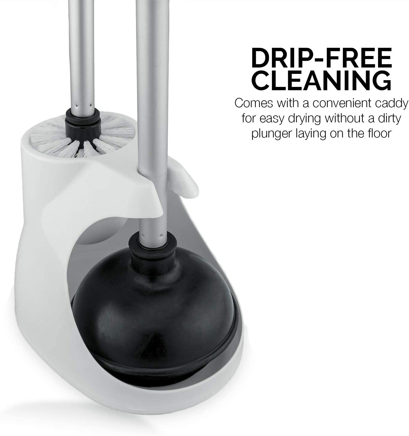 Toilet Plunger & Brush Set — Patented Plunger, Bowl Brush, Caddy, Mini Sink Plunger (4-Piece)