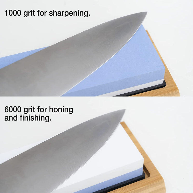 NEIKO 54002A Whetstone Knife Sharpening Stone Set | 2-Sided: 1000 & 6000 Grit | Premium & Highly Durable Corundum Water Stone | Angle Guide & Non-Slip Bamboo Base | Scissor & Blade Sharpener…