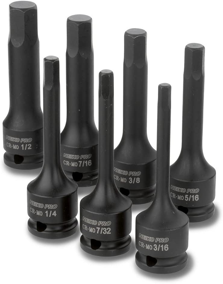 NEIKO 01131B 3/8-Inch-Drive Allen Socket Set, 3-Inch Length, 3/8-Inch Impact Hex-Bit Socket Set, SAE Hex Driver 3/16" to 1/2", CrMo Steel, Impact-Grade, 7-Piece Set