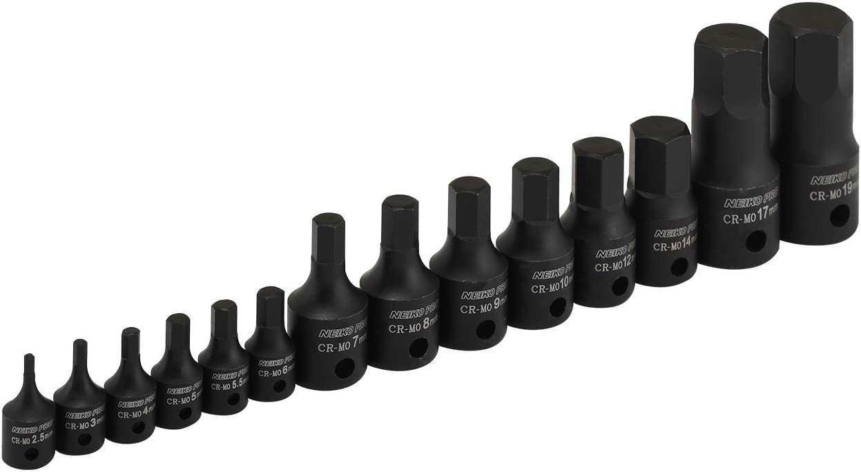 Allen-Bit Socket Set, Metric Socket Set, 2.5 mm to 19 mm, 1/4", 3/8", & 1/2" Drive, CrMo Steel (14-Piece)
