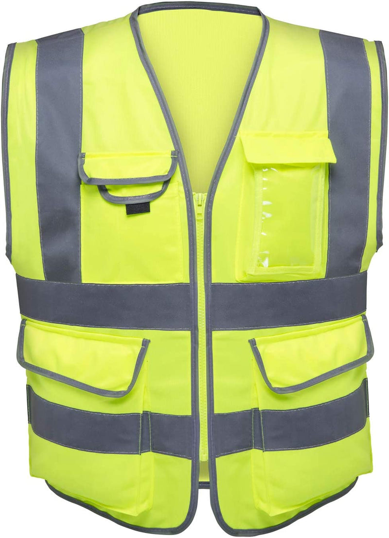 NEIKO 53993A Reflective Safety Vest with Pockets and Zipper | Medium Size | High Visibility Strips on Neon Yellow | For Emergency, Construction and Safety Use