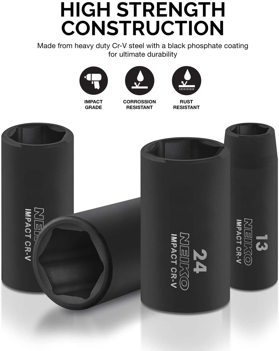 1/2" Impact Socket Set Metric Socket Set 10-24 mm, Deep Sockets, 6 Point (15-Piece)