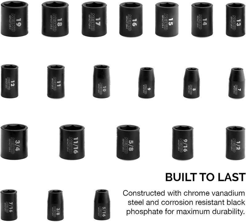 NEIKO 02432A 3/8” Drive SAE and Metric Impact Socket Set | 21 Shallow Pieces | SAE 5/16” to 3/4” | 7mm to 19mm | Premium Cr-V Steel | 6-Point Hex Design | Corrosion Resistant Coating