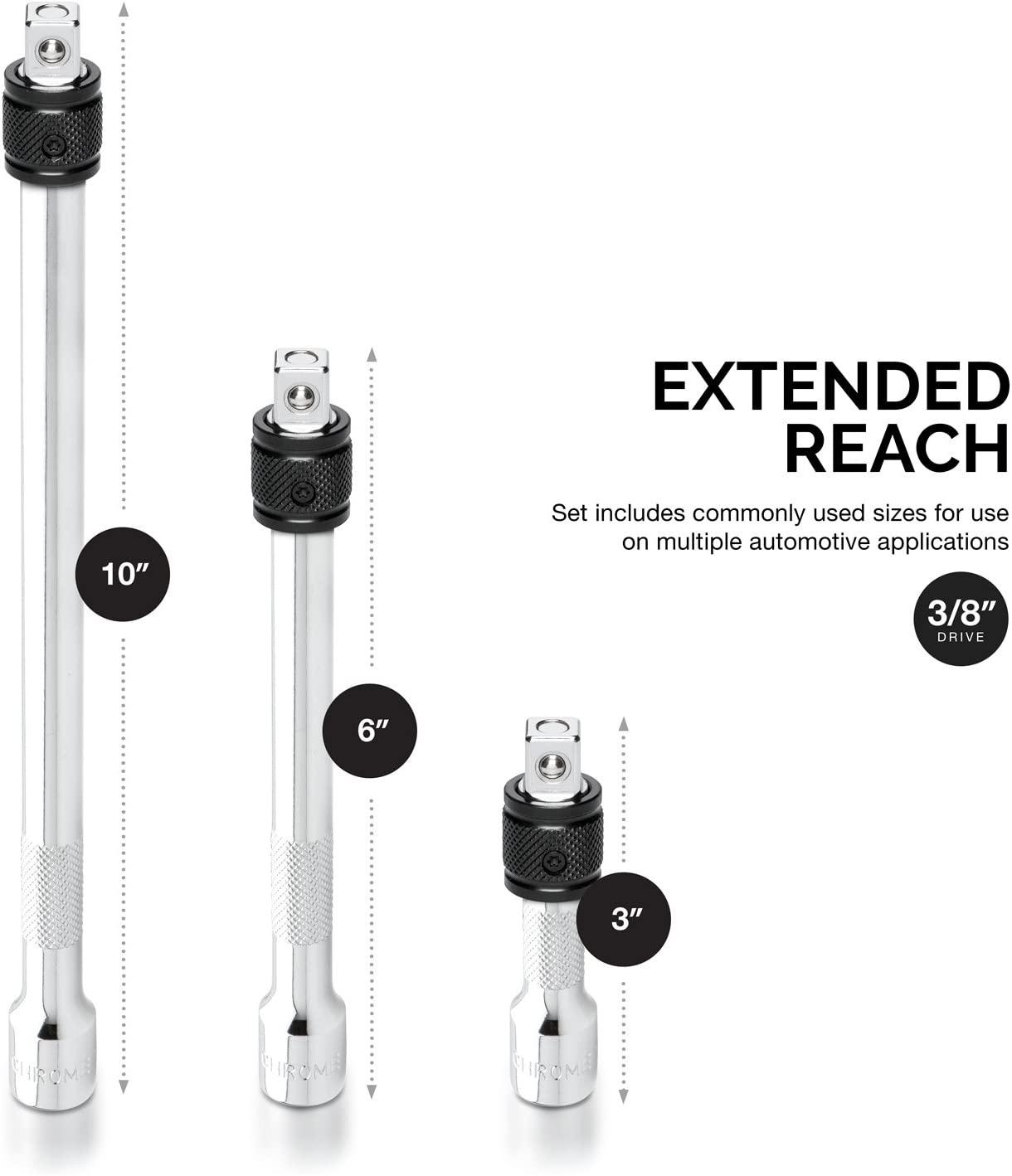 3/8" Drive Locking Extension Bar Set 3", 6", 10", Remove Sockets & Sparkplugs, Cr-V, Silver (3-Piece)
