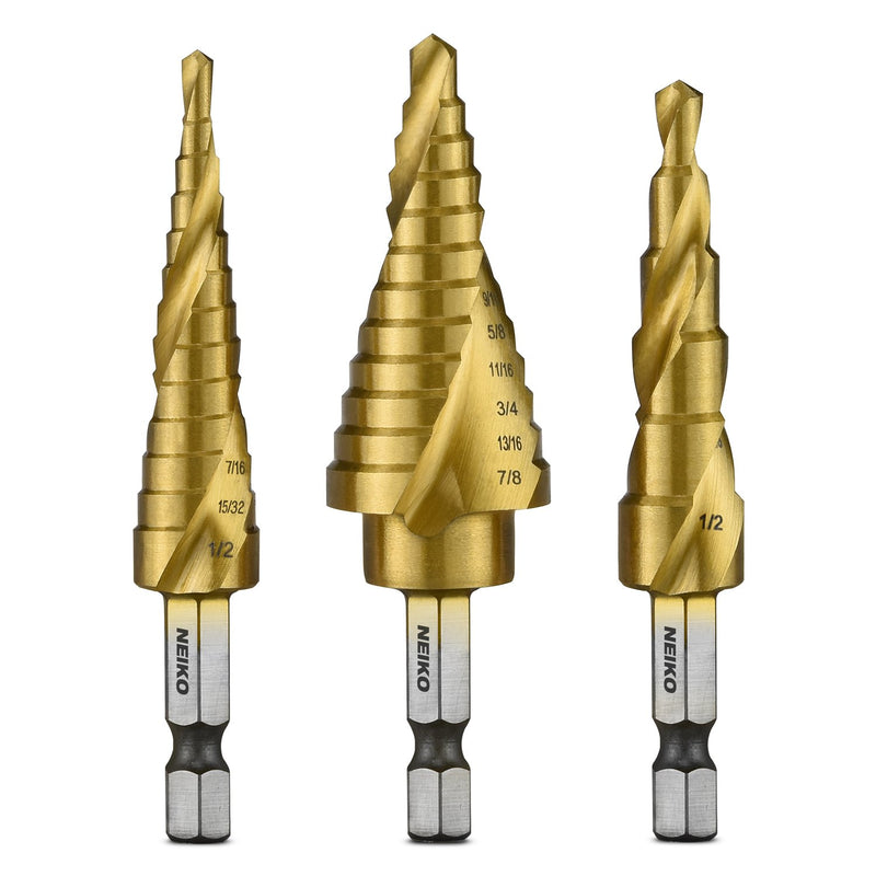 Neiko - 43219-22909 10181A Quick Change HSS Titanium Coated Spiral Grooved Step Drill Bit 3-Piece Set | 31 Step Sizes in One Kit