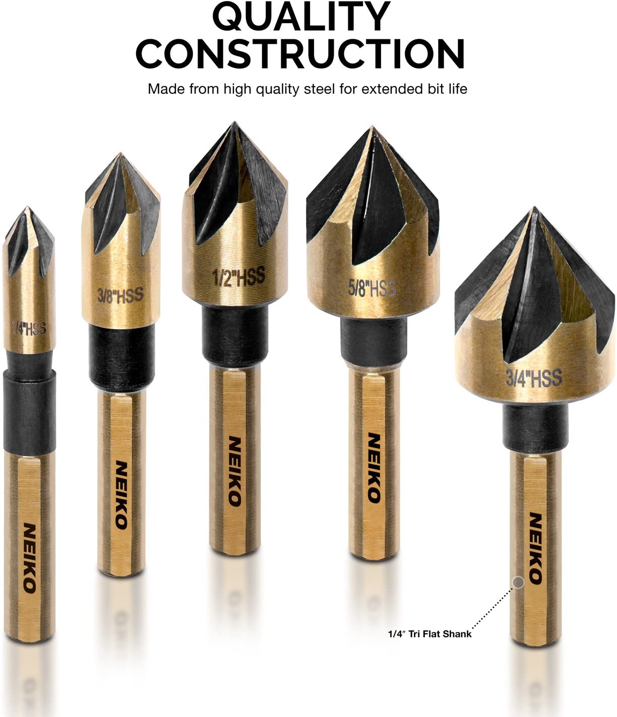 Countersink Drill Bit Set for Wood & Metal, 1/4” Tri-Flat Shank Countersink Bits (5-Piece)