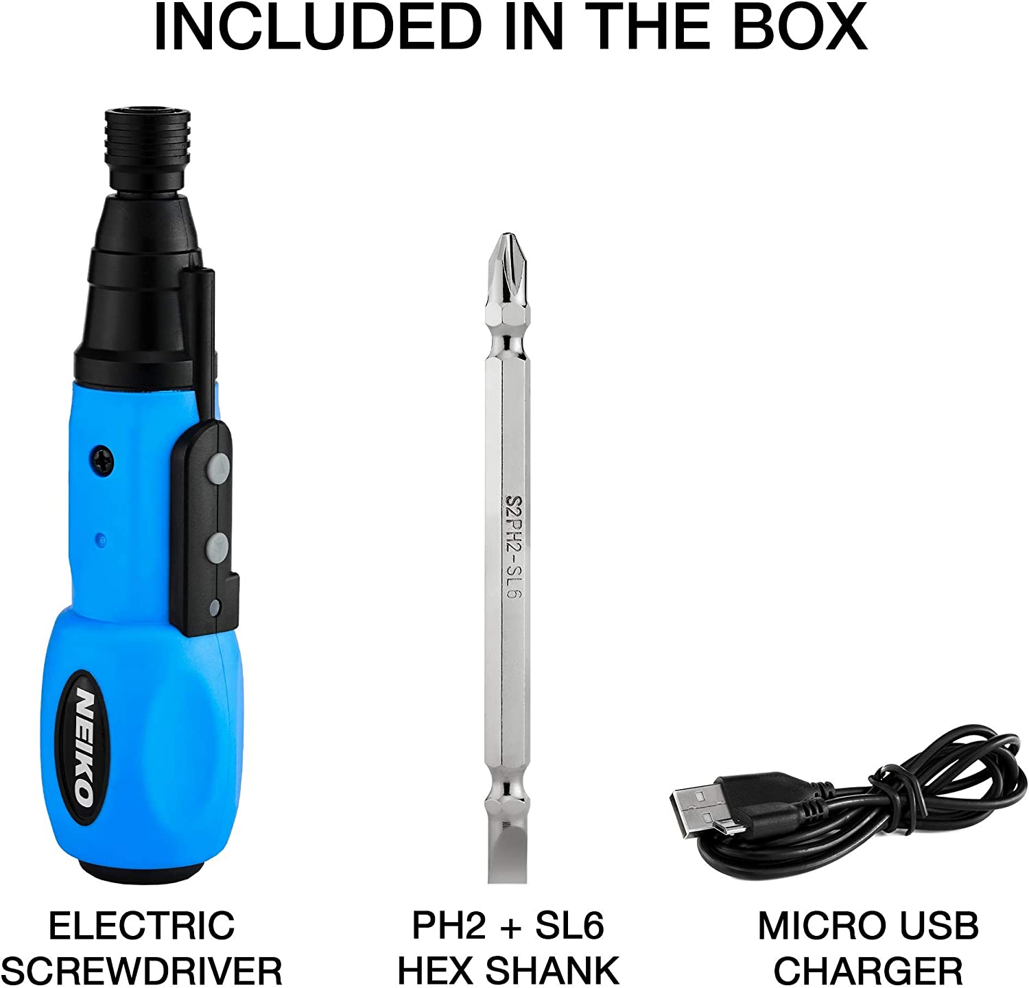 Cordless Power Screwdriver, 1/4” Hex Auto-Lock Safety Chuck, Includes Phillips & Flathead Bit