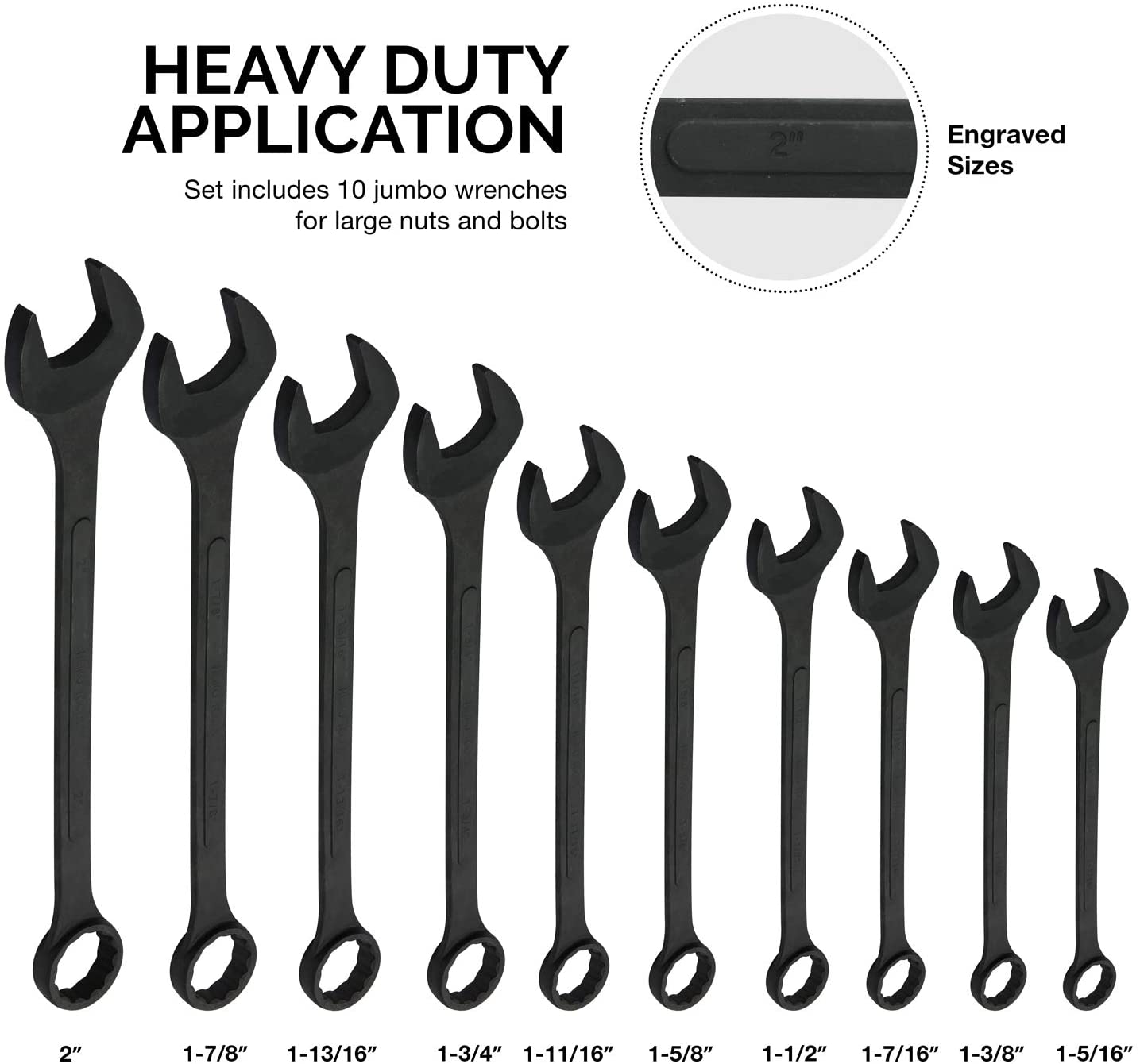Jumbo SAE Combination Wrench Set — 1-5/16" to 2", Drop-Forged Steel (10-Piece)