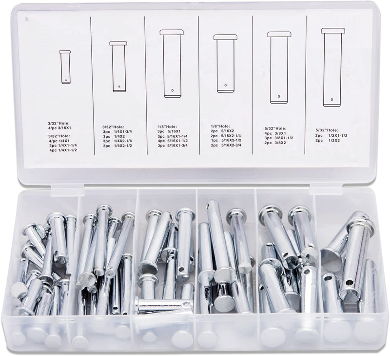 NEIKO 50414A 60 Piece Clevis Pins Assortment Kit, Zinc Construction 3/32”,1/8”, and 5/32” Hole Sizes, 3 Different SAE Sizes, Steel Pin, Single Hole Flat Head Clevis Pins