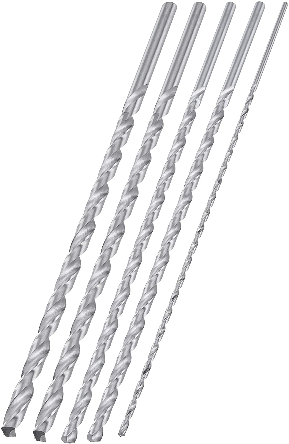 Extra Long Drill Bit Set M2 HSS Steel, 12" Length, 1/8, 3/16, 1/4, 5/16, & 3/8" (5-Piece)