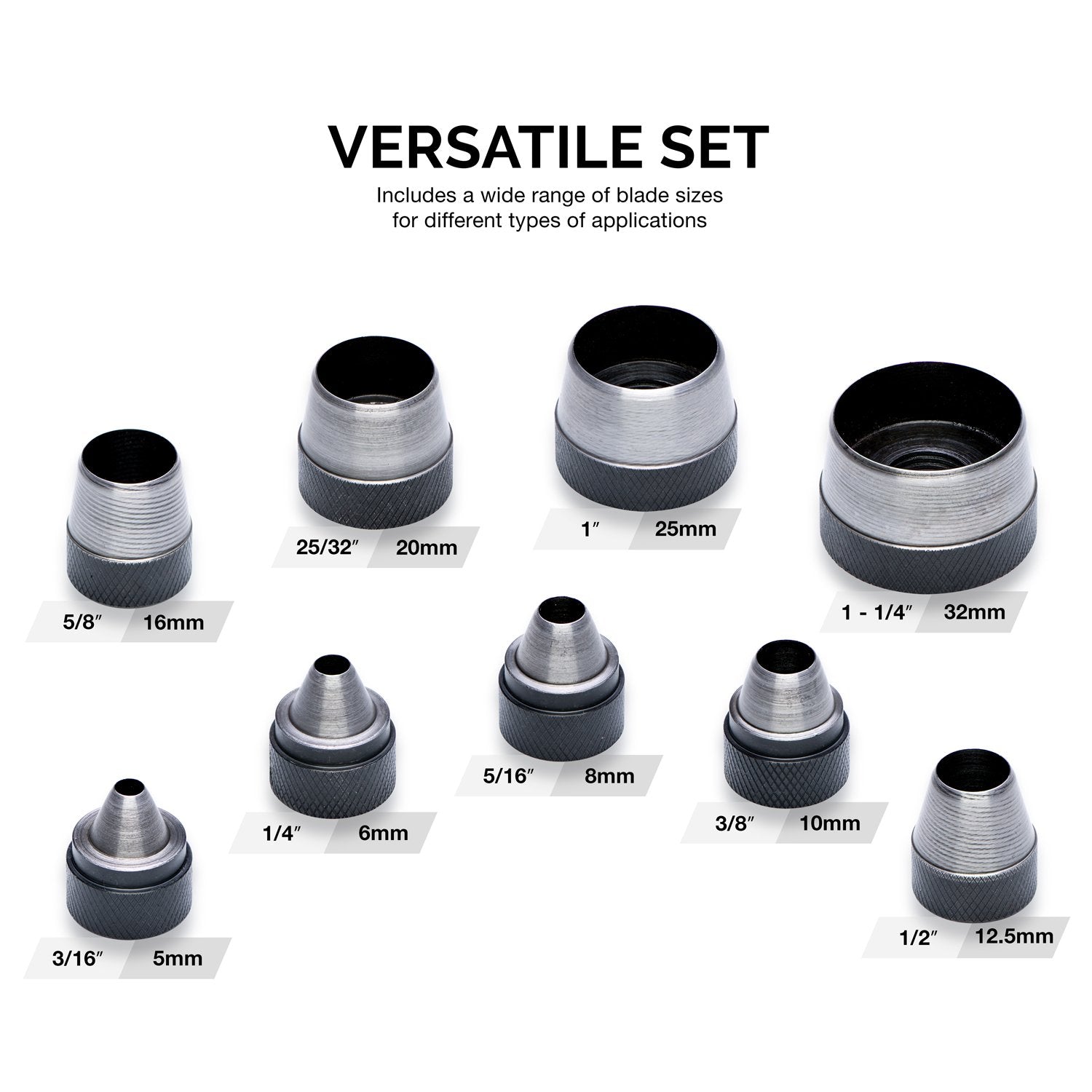 Interchangeable Hollow Hole Punch Set — Alloy Steel, 3/16"–1-1/4" (10-Piece)