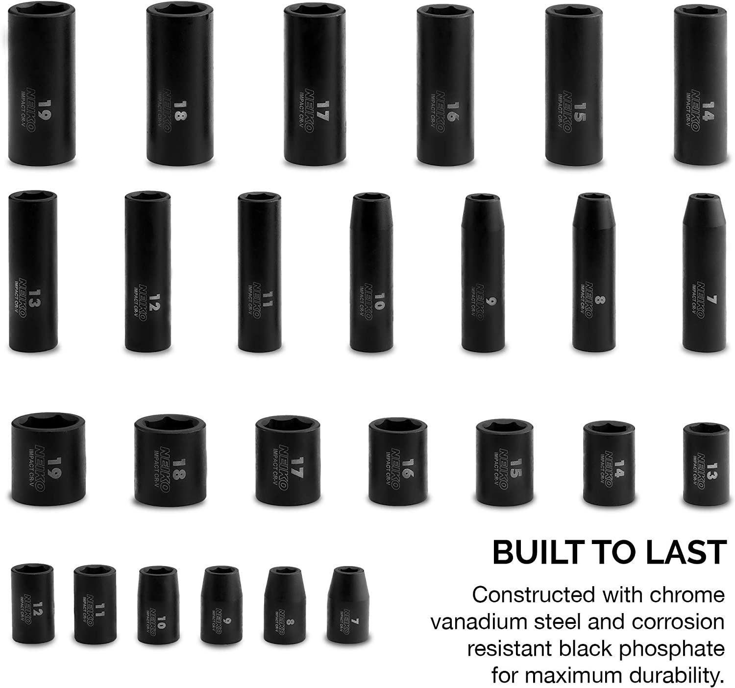 3/8” Drive Standard & Deep Metric Impact Socket Set Metric 7mm to 19mm, Premium Cr-V Steel (26-Piece)