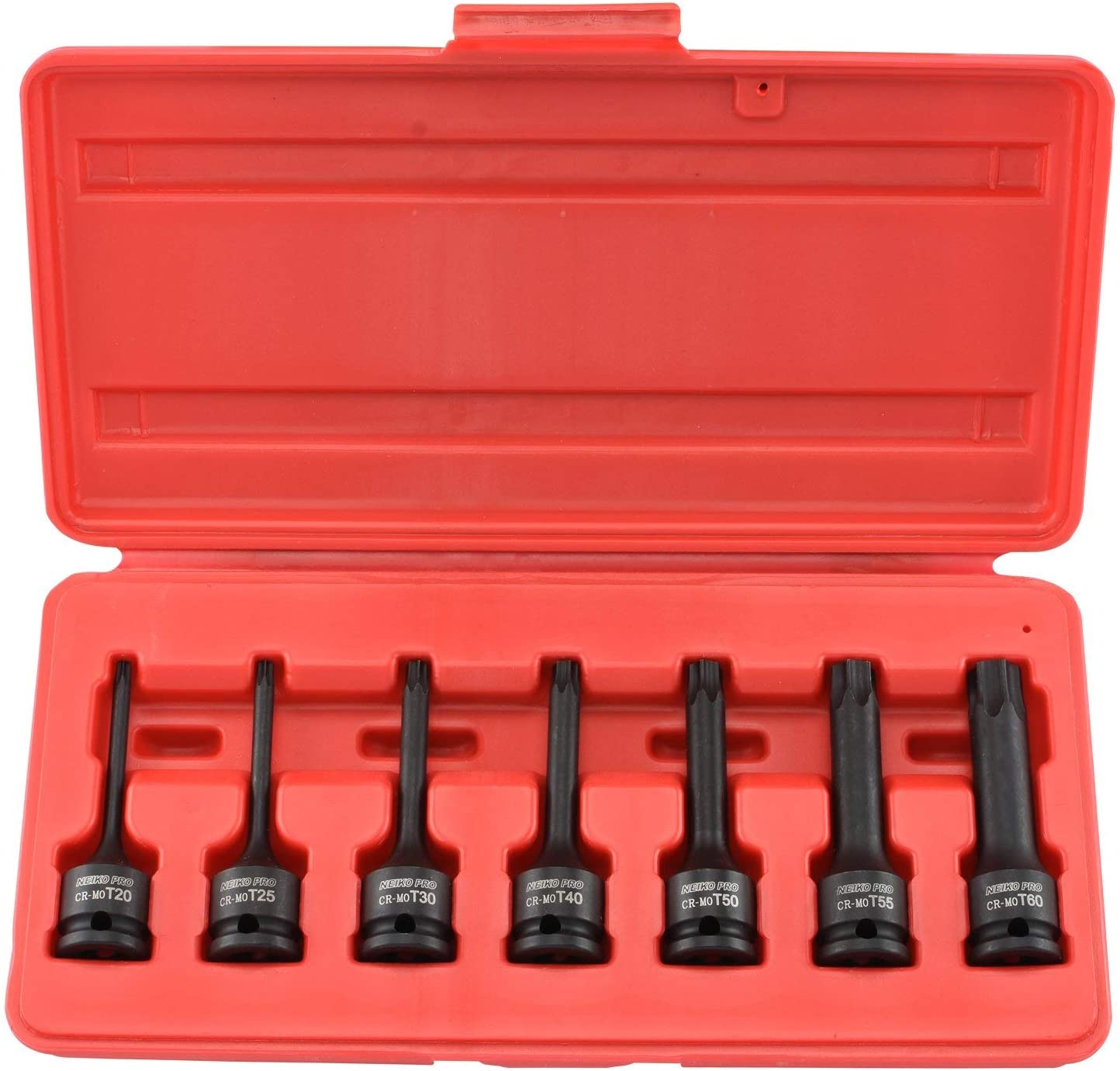 NEIKO 01132B 3/8” Drive Torx Star Driver Bit Socket Set | 7 Piece | T20 to T60 | 3” Length | Cr-Mo Impact Grade