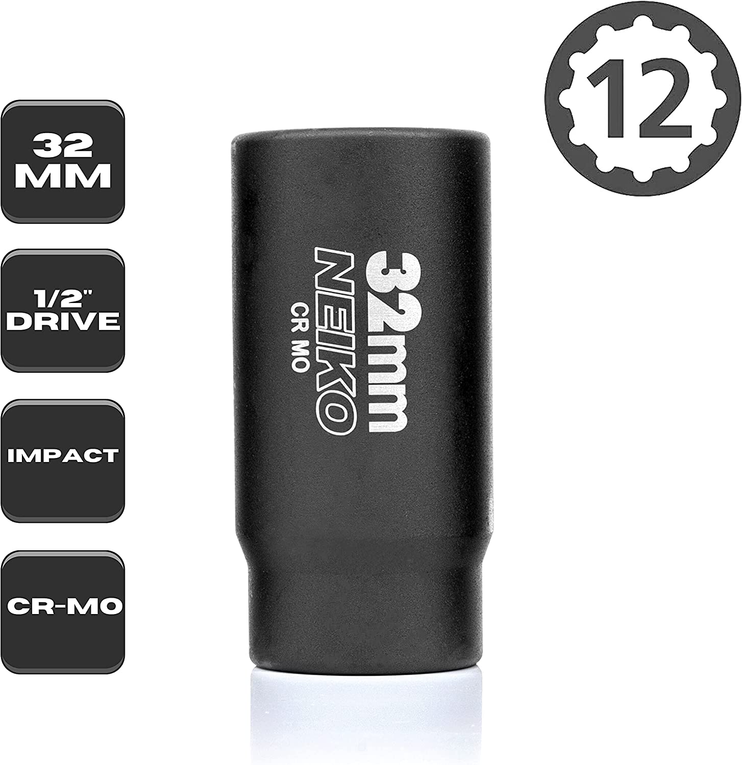 32mm Socket, 1/2” Drive Deep Impact Socket, Spindle & Axle Nut Socket, 12 Point