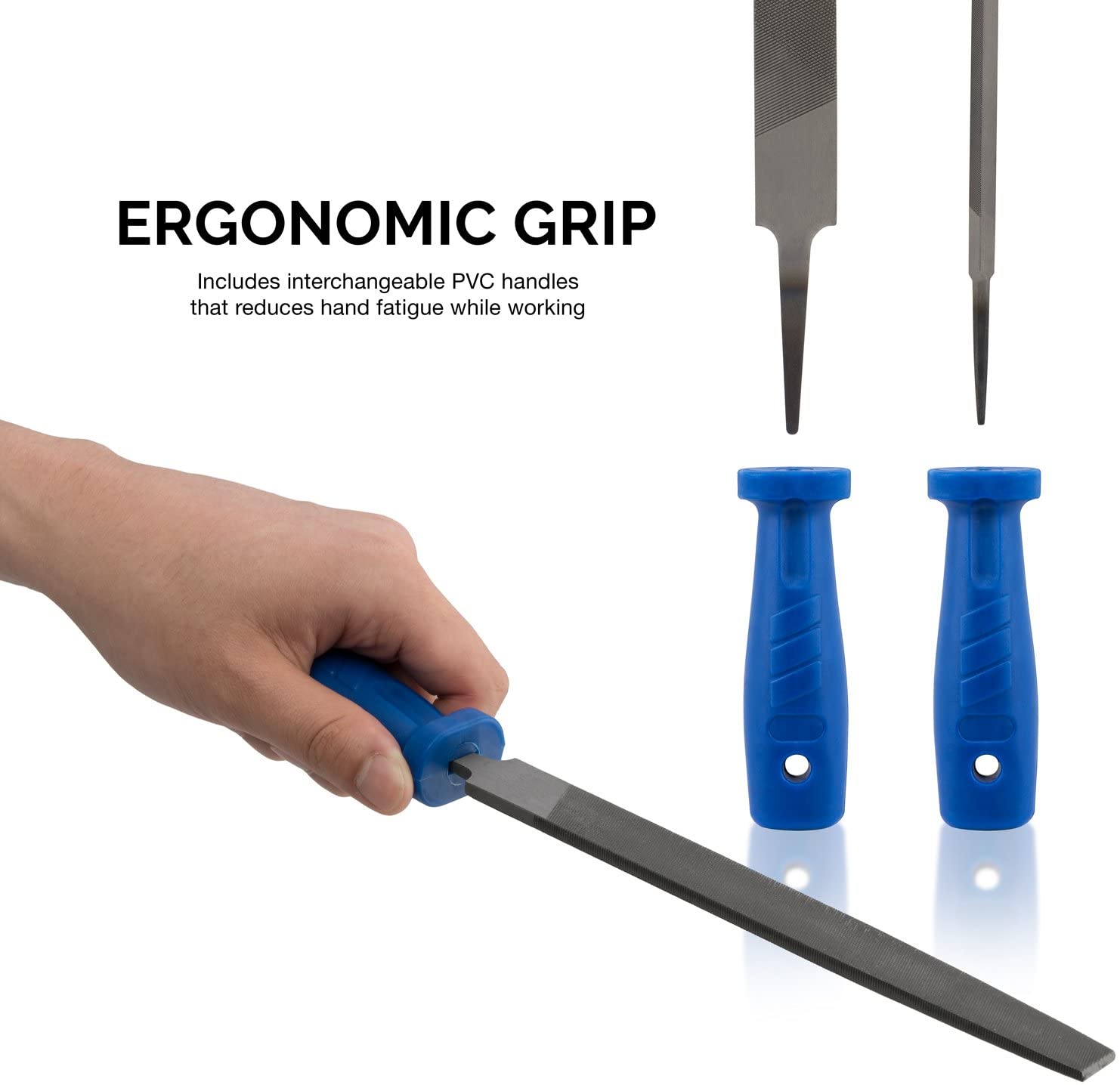 NEIKO 00109A Metal File and Rasp Set | 12 Piece, 10, 8, and 6 Inch Extra Slim Flat, Half, Mill, and Round Files Set | Non Slip PVC Handle, Wood File | Heat Treated Carbon Steel Two Way File