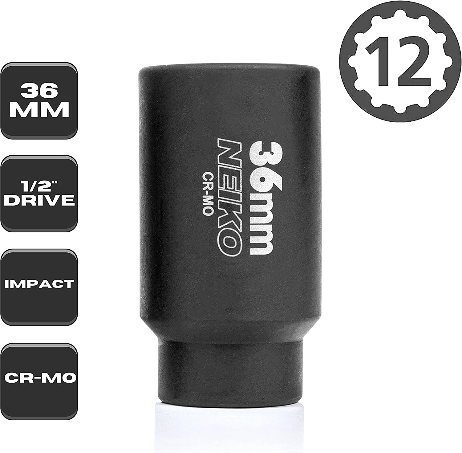 36mm Socket, 1/2” Drive Deep Impact Socket, Spindle & Axle Nut Socket, 12 Point