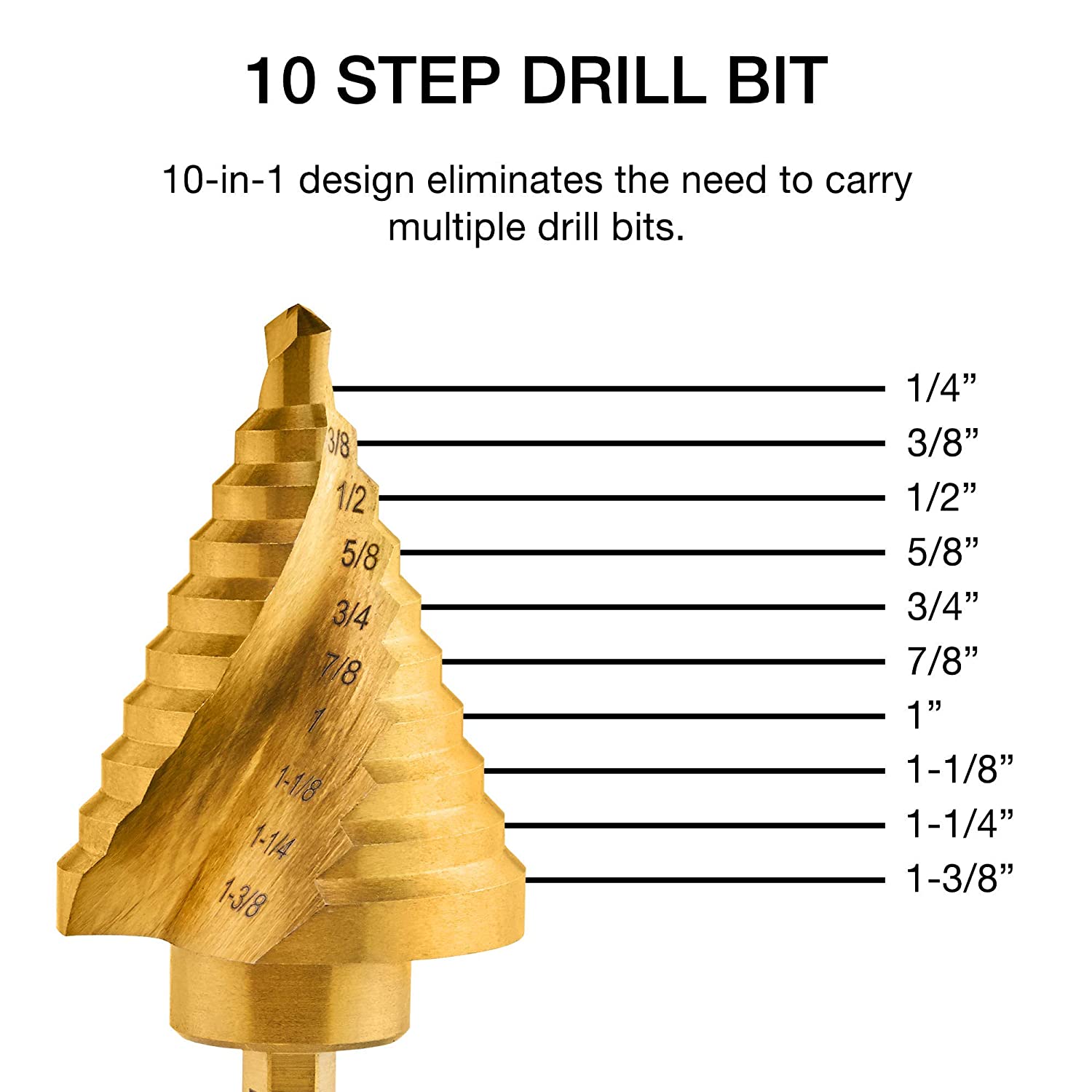 Quick Change Spiral Grooved Step Drill Bit, 10 Step Drill Bit Sizes In One - 1/4" to 1-3/8"