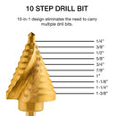 NEIKO 10174A Quick Change Spiral Grooved Step Drill Bit | 10 Step Drill Bit Sizes In One - 1/4" to 1-3/8" | High-Speed Steel and Titanium Nitride Coating | Two-Flute Design