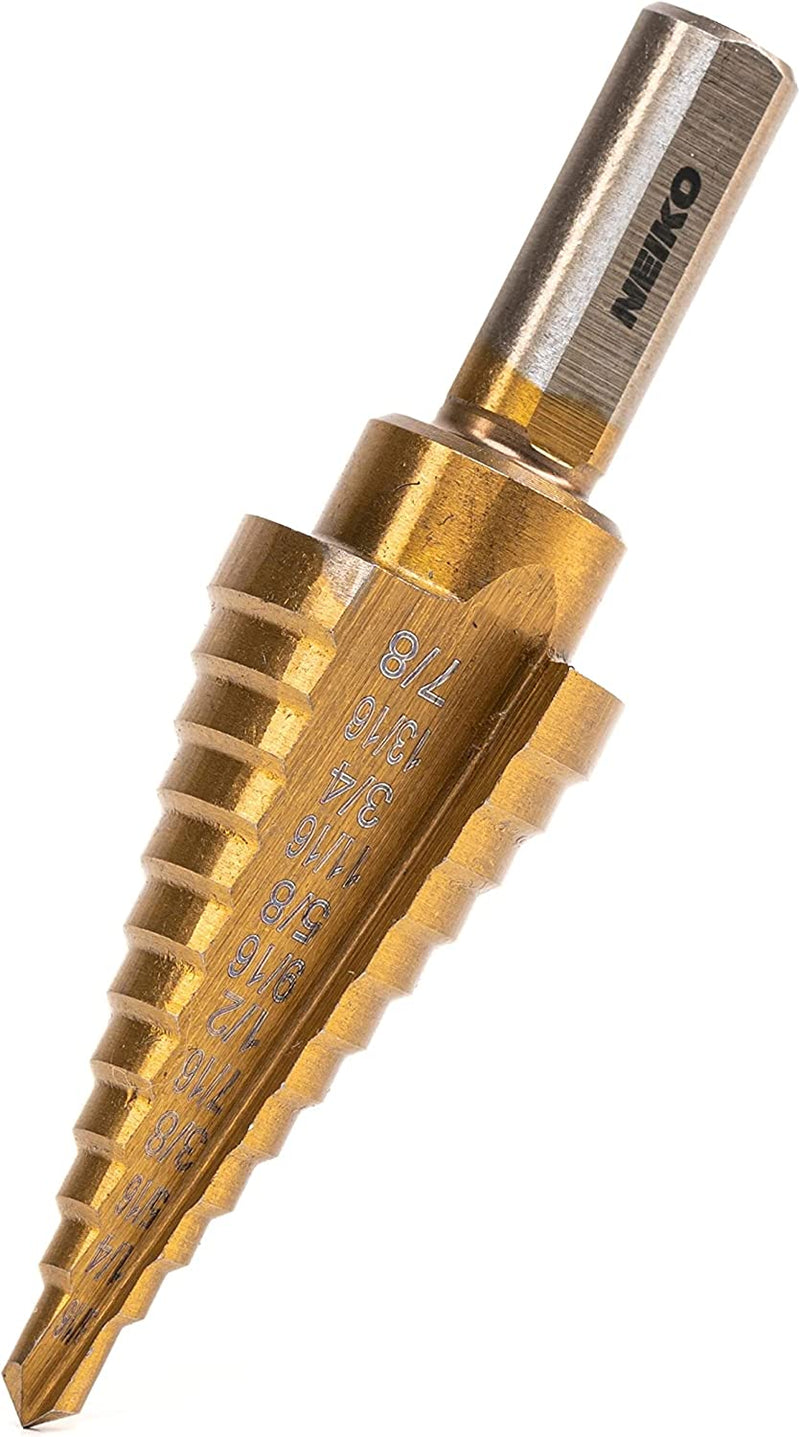 NEIKO 10185A Step Drill Bit for Metal, 3/16" to 7/8", Unibit with 10 Steps, Titanium Coated Step Bit