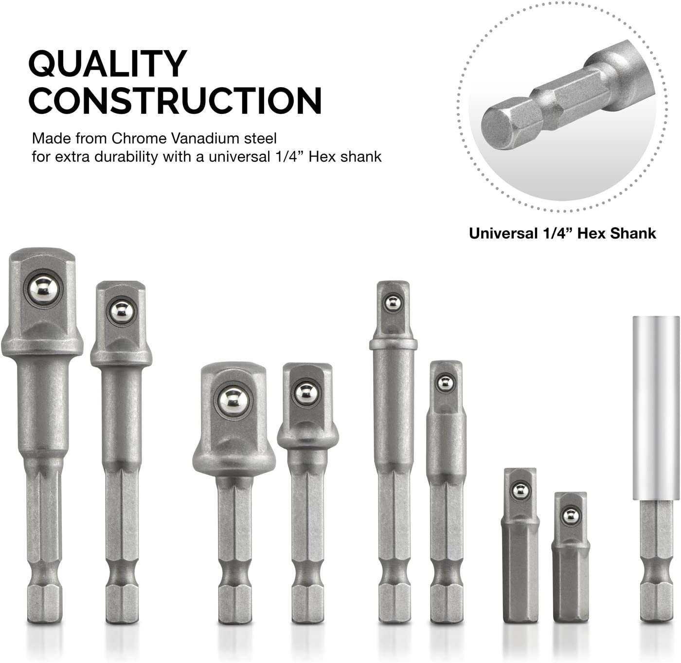 NEIKO 00257 Socket Adapter Extension Drill-Bit Set, Includes 1/4-, 3/8-, and 1/2-Inch Drives, Made with CrV Steel, 9-Piece Extension Set, Includes a Magnetic Bit Holder