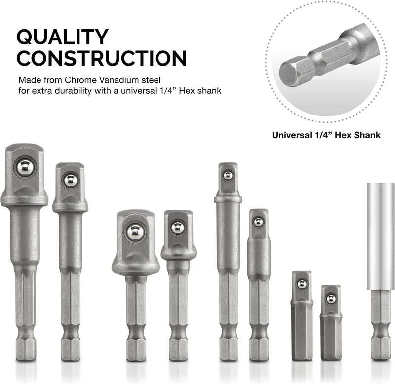 NEIKO 00257 Socket Adapter Extension Drill-Bit Set, Includes 1/4-, 3/8-, and 1/2-Inch Drives, Made with CrV Steel, 9-Piece Extension Set, Includes a Magnetic Bit Holder