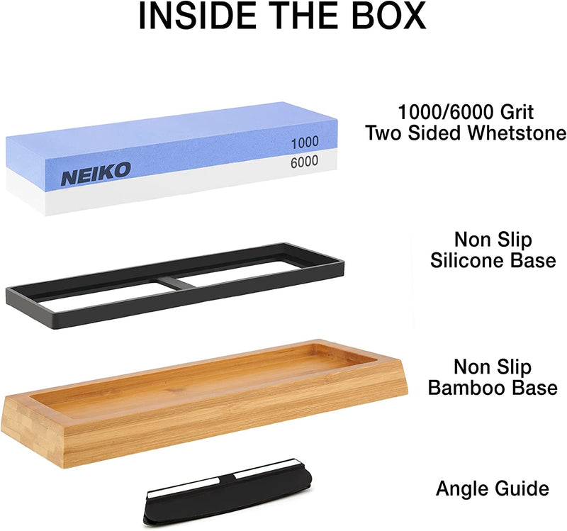 NEIKO 54002A Whetstone Knife Sharpening Stone Set | 2-Sided: 1000 & 6000 Grit | Premium & Highly Durable Corundum Water Stone | Angle Guide & Non-Slip Bamboo Base | Scissor & Blade Sharpener…