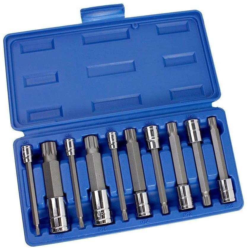 XZN Triple Square Spline Bit Socket Set, Extra Long 4”, 4mm to 18mm S2 & Cr-V Steel (10-Piece)