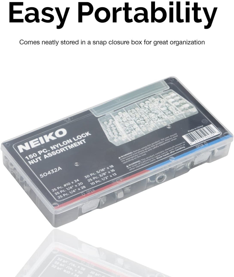 NEIKO 50432A Hex Nut Assortment Set | 150 Pc Nylon Locking Nuts | A3 Steel Hex Assorted Hardware Kit