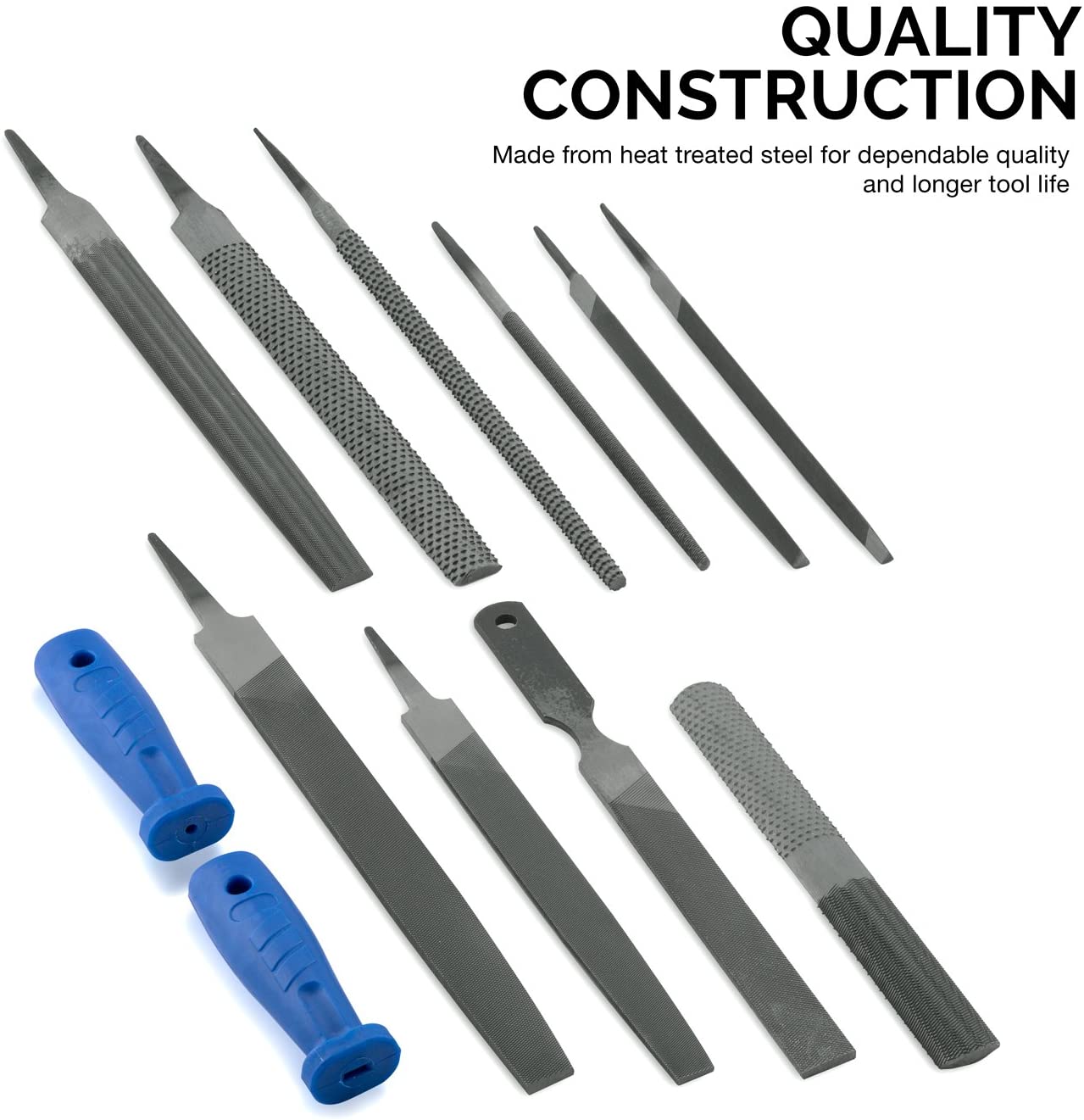 NEIKO 00109A Metal File and Rasp Set | 12 Piece, 10, 8, and 6 Inch Extra Slim Flat, Half, Mill, and Round Files Set | Non Slip PVC Handle, Wood File | Heat Treated Carbon Steel Two Way File