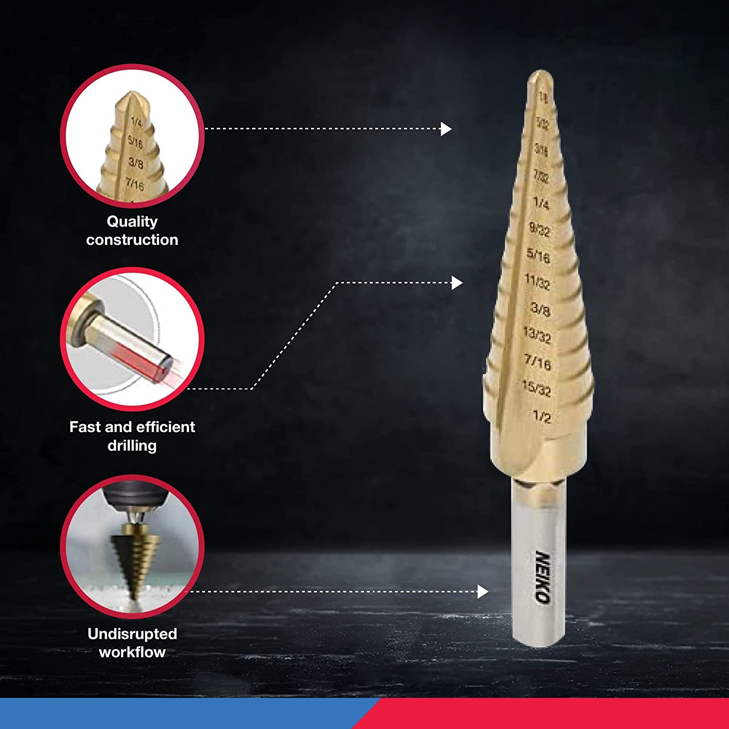 Titanium Step Bits, Unibit Set, 28 Sizes, High Speed Steel, Standard (SAE) Step Drill Bit Set