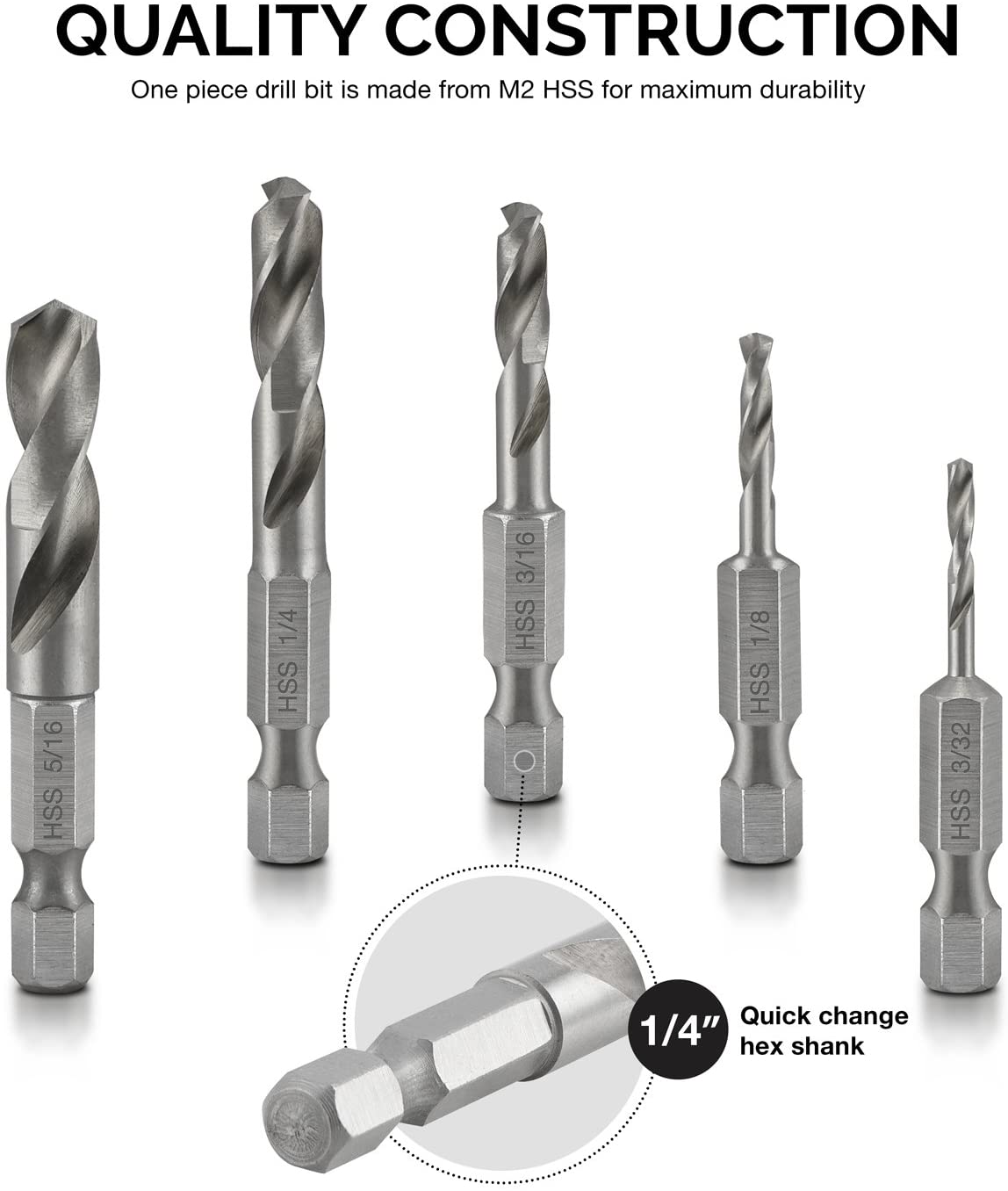 Stubby Drill Bit Set for Metal 1/4" Quick Change Hex Shank (5-Piece)