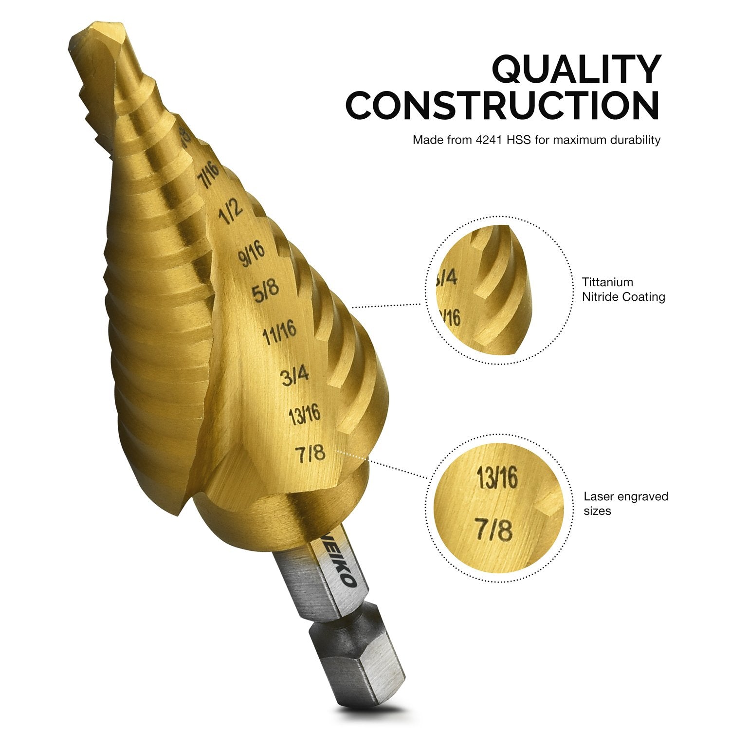 Quick Change HSS Titanium Coated Spiral Grooved Step Drill Bit 31 Step Sizes in One Kit (3-Piece)