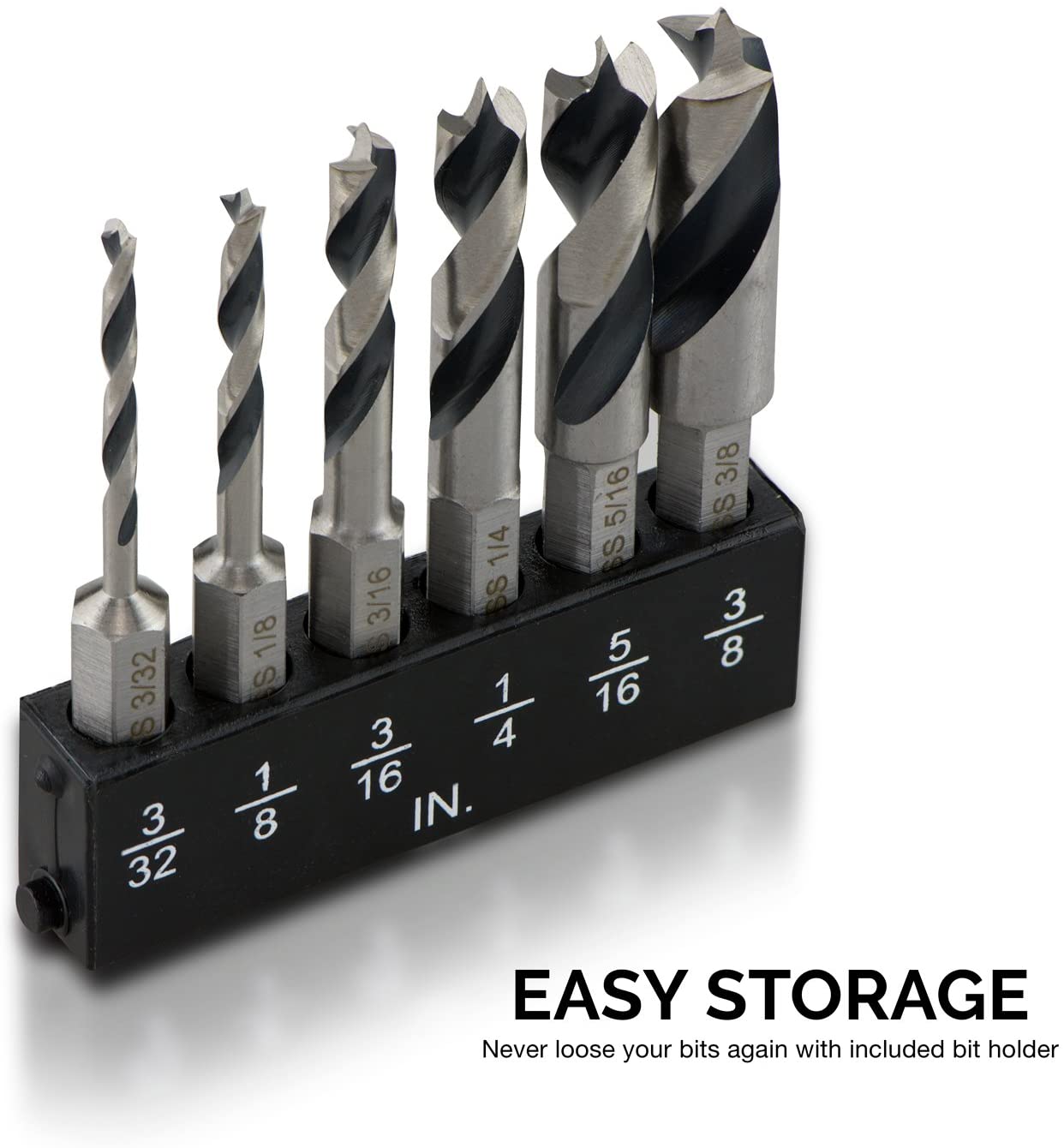 Brad Point Stubby Drill Bit Set — HSS, 1/4" Hex Shank, Short Length (6-Piece)