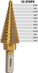 NEIKO 10185A Step Drill Bit for Metal, 3/16" to 7/8", Unibit with 10 Steps, Titanium Coated Step Bit