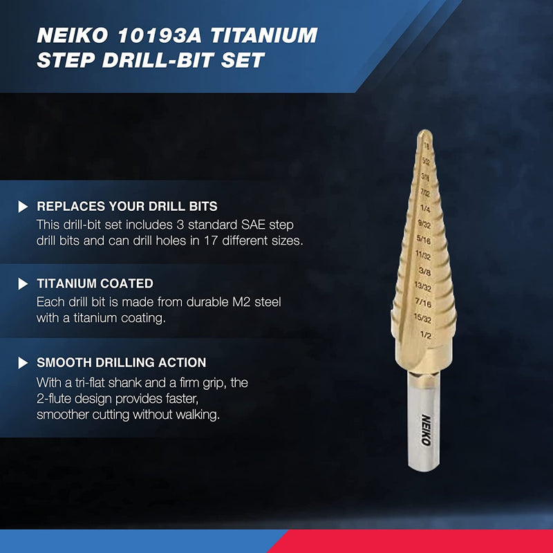 Neiko 10193A Titanium Step Bits, Unibit Set, 28 Sizes, High Speed Steel,  Standard (SAE) Step Drill Bit Set, Step Bits for Metal. Unibit Step Drill