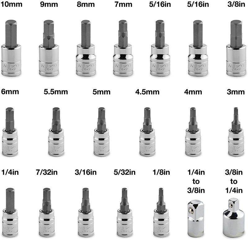 NEIKO 01150A SAE and Metric Hex Bit Socket Set | 20 Pieces | SAE 1/8” – 3/8” | Metric 3mm – 10mm | Two Socket Adapters 1/4" and 3/8” Drive | Industrial S2 Steel Bits | Heavy Duty Cr-V Sockets
