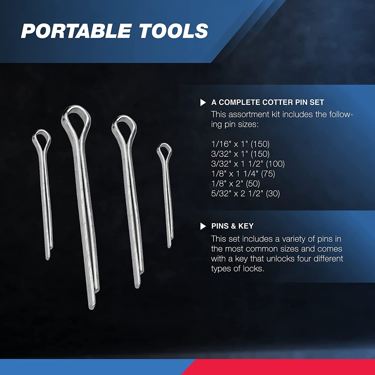 NEIKO 50454A Cotter Pin Assortment | 555 Piece | Zinc Plated Premium Quality | Steel Split Pin Fastener Clips | Straight Hairpins | Holds Pins or Castle Nuts in Place