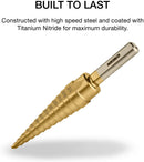 NEIKO 10182A Titanium Step Drill Bit, High-Speed Alloy-Steel Bit, Hole Expander for Wood and Metal, 13 Step Sizes from 1/8 Inch to 1/2 Inch