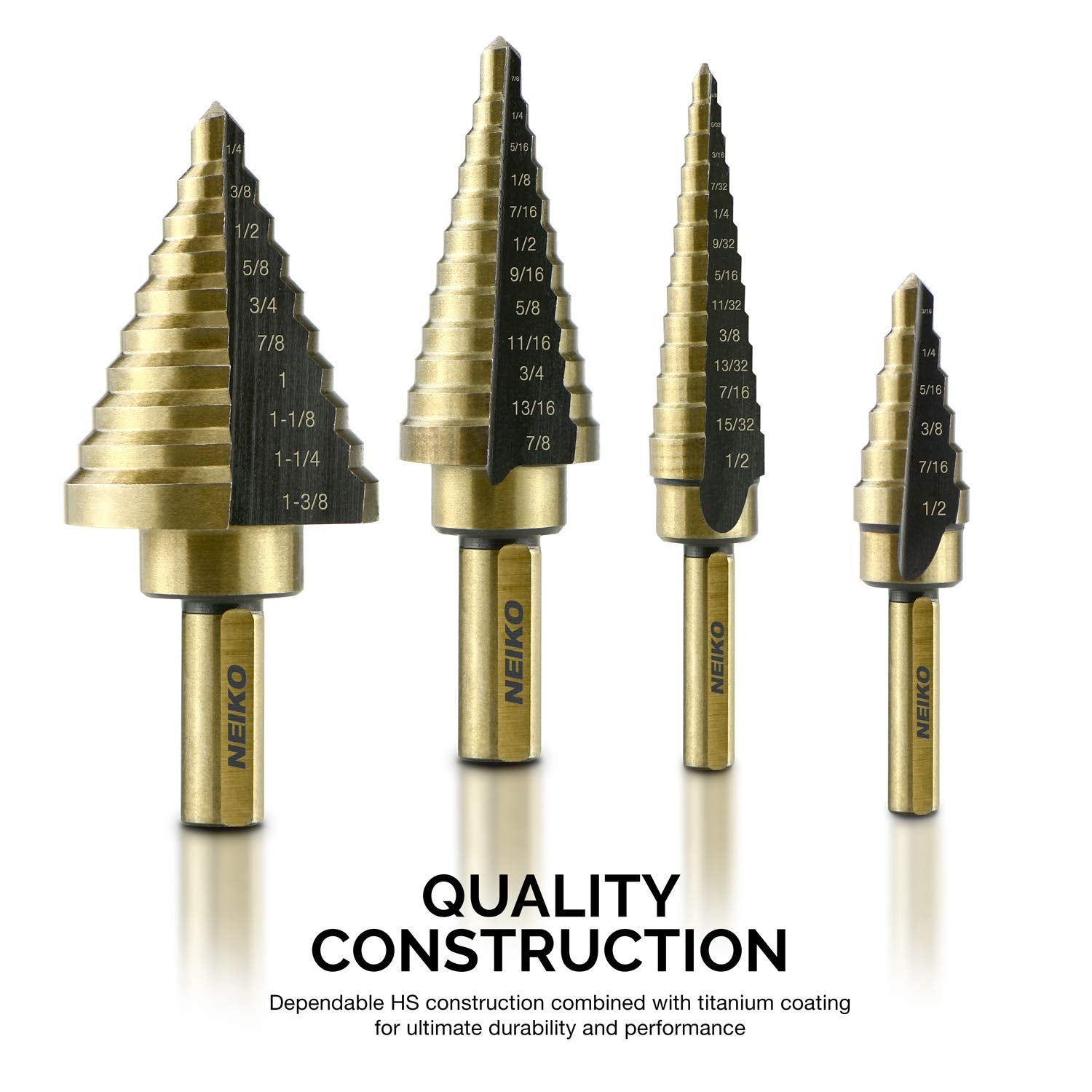Step Drill Bit Set & Automatic Center Punch, 5 Piece, 41 SAE Sizes Total, 1/8” – 1-3/8”