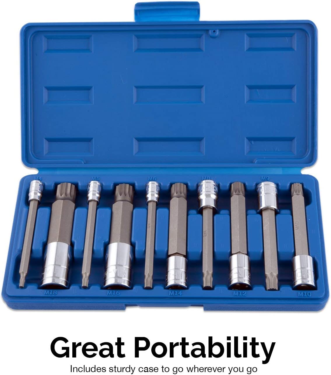 XZN Triple Square Spline Bit Socket Set, Extra Long 4”, 4mm to 18mm S2 & Cr-V Steel (10-Piece)