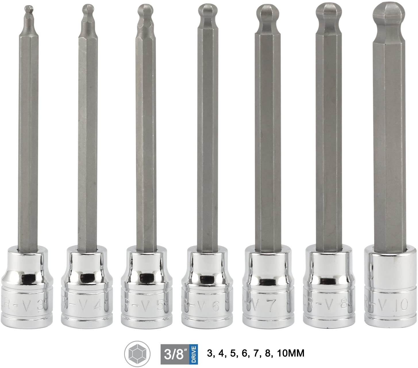 3/8"-Drive Extra-Long Ball-End Hex-Bit Socket Set, Metric Sockets 3/8" or 3 to 10 mm (7-Piece)