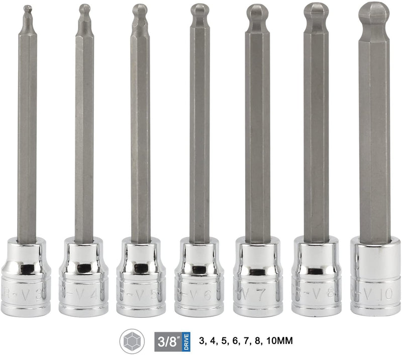 NEIKO 10243A 3/8” Drive Extra Long Ball End Hex Bit Socket Set, S2 Steel | 7-Piece Set | Metric 3mm to 10mm