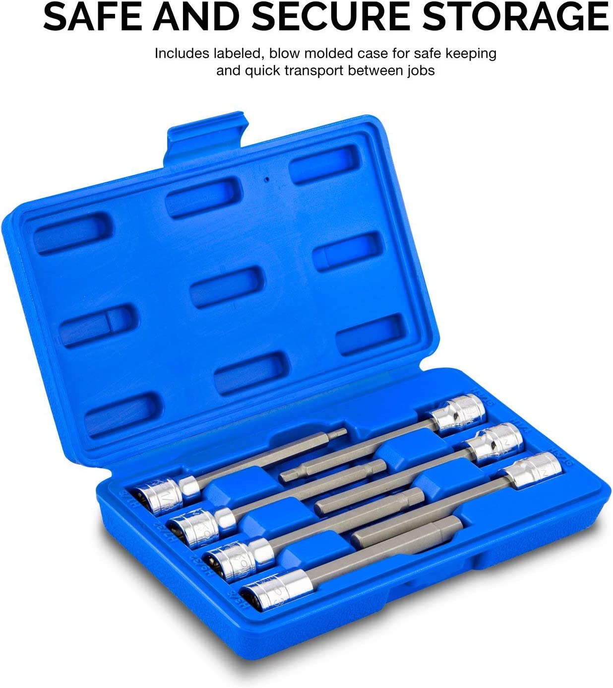 3/8" Drive Extra Long Allen Hex Bit Socket Set, SAE, 1/8" - 3/8", S2 & Cr-V Steel (7-Piece)