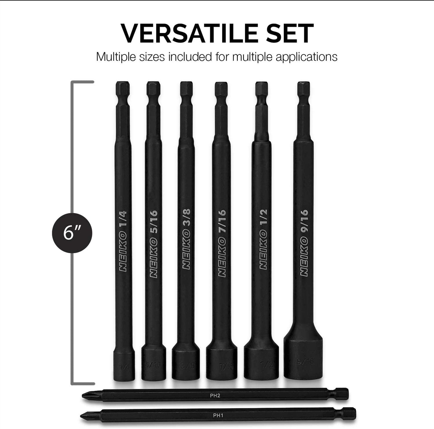 NEIKO 10067A Magnetic Impact Nut Driver and Power Bit Tool Set | 8 Pieces, SAE | 6 Inches | Shank Nut Driver Bits Setters | Magnetic Tip Sockets | 1/4 Inch Hex Shank